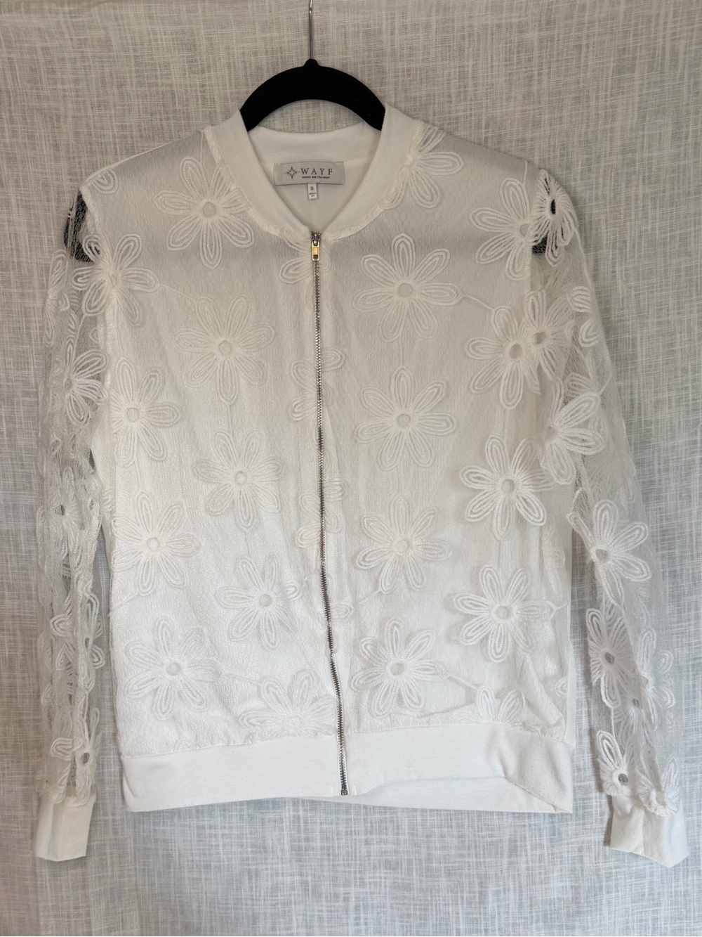 WAYF Sheer Mesh Floral Embroidered Daisy Bomber Jacket White Coquette Y2K Small